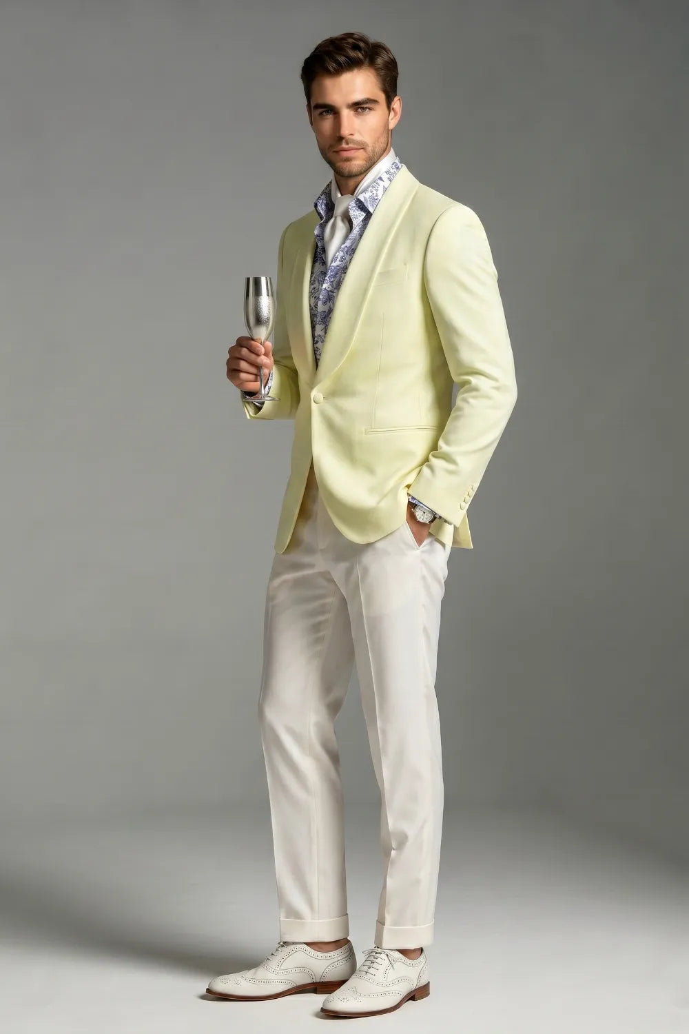 MANSSINO™ | Men's Light Yellow Shawl Lapel Slim Fit 2-Piece Suit