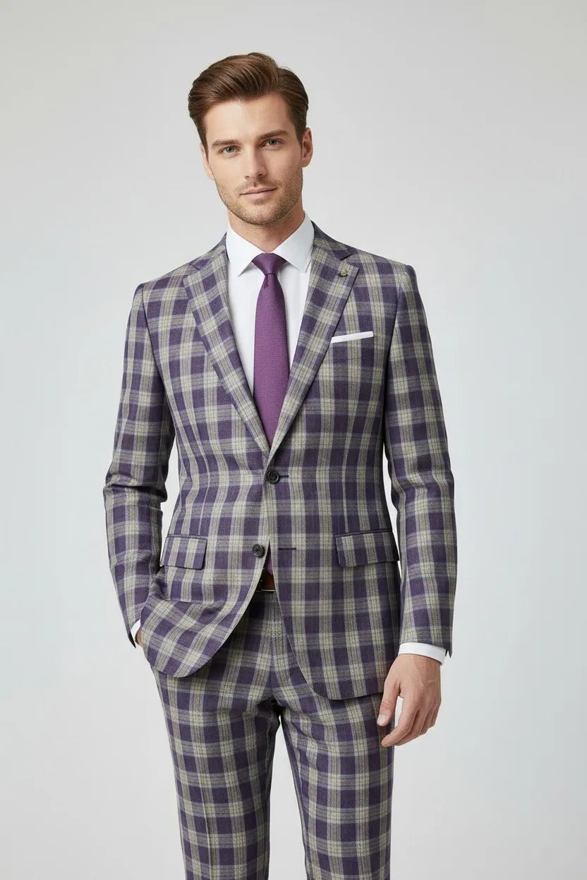 MANSSINO™ | Men's Purple Plaid Slim-Fit 2-Piece Suit