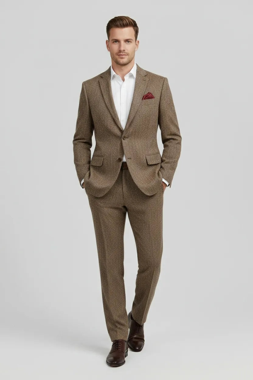 MANSSINO™ | Men's Brown Herringbone 2 Piece Suit
