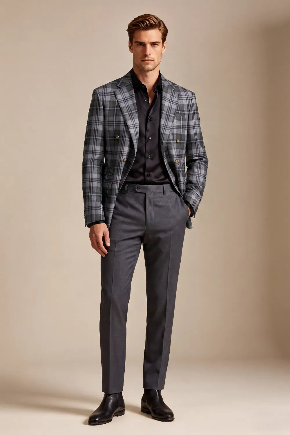 MANSSINO™ | Men's Charcoal Grey Plaid Double Breasted 2 Piece Suit