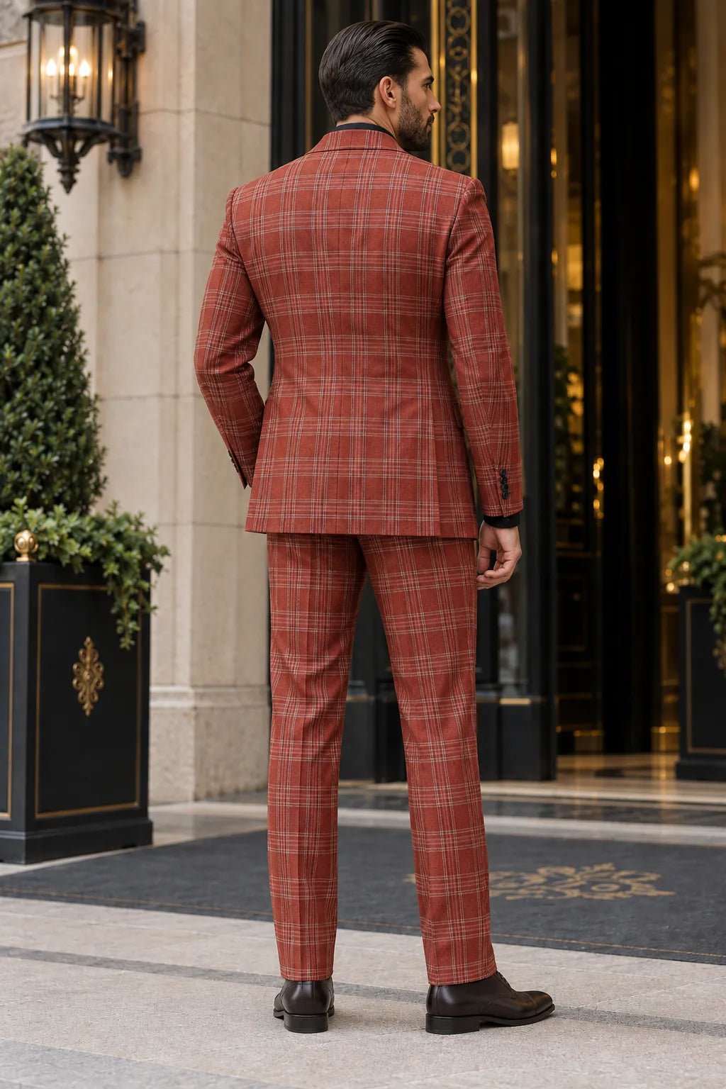 MANSSINO™ | Men's Rust Brown Plaid Double-Breasted 2-Piece Suit