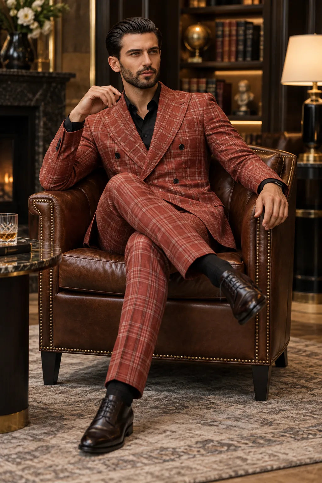 MANSSINO™ | Men's Rust Brown Plaid Double-Breasted 2-Piece Suit