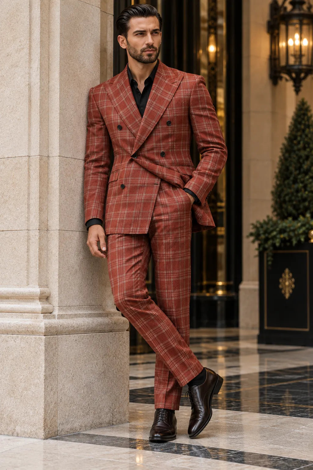 MANSSINO™ | Men's Rust Brown Plaid Double-Breasted 2-Piece Suit