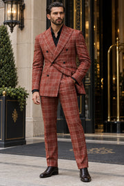 MANSSINO™ | Men's Rust Brown Plaid Double-Breasted 2-Piece Suit