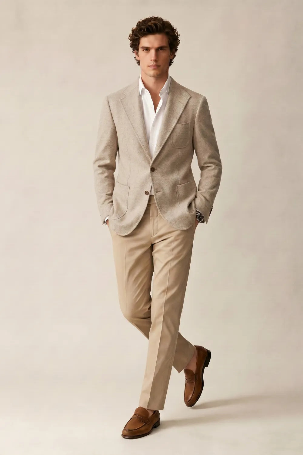 MANSSINO™ | Men's Beige Notch Lapel Herringbone 2-Piece Suit