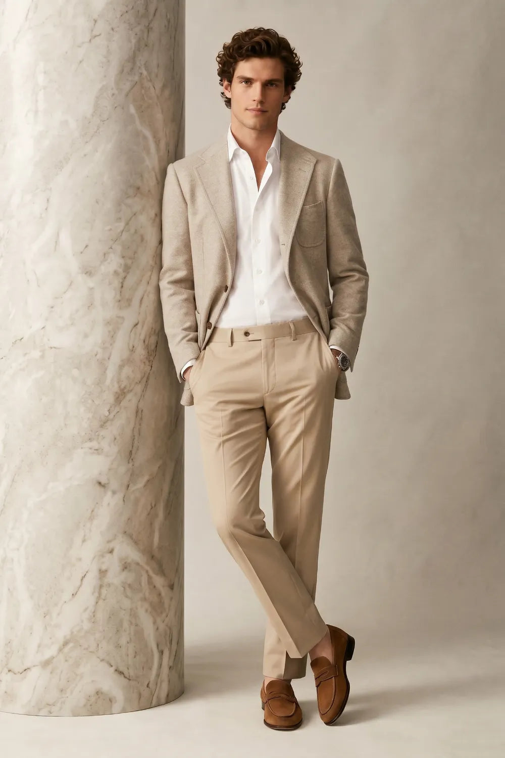 MANSSINO™ | Men's Beige Notch Lapel Herringbone 2-Piece Suit