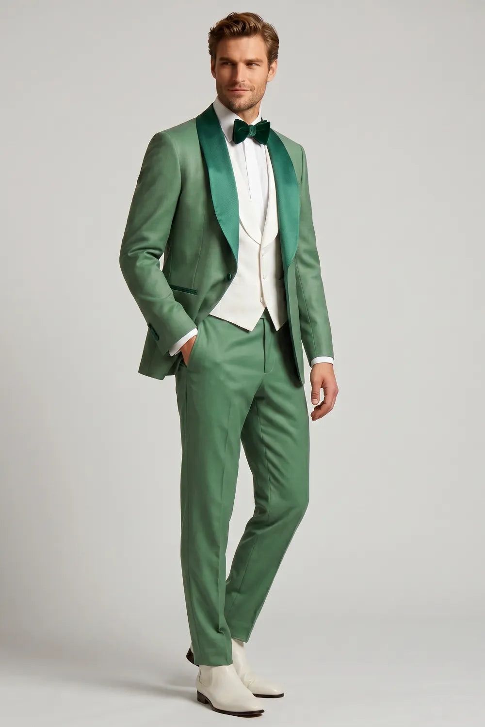 MANSSINO™ | Men's Green Linen Blend Shawl Lapel Suit