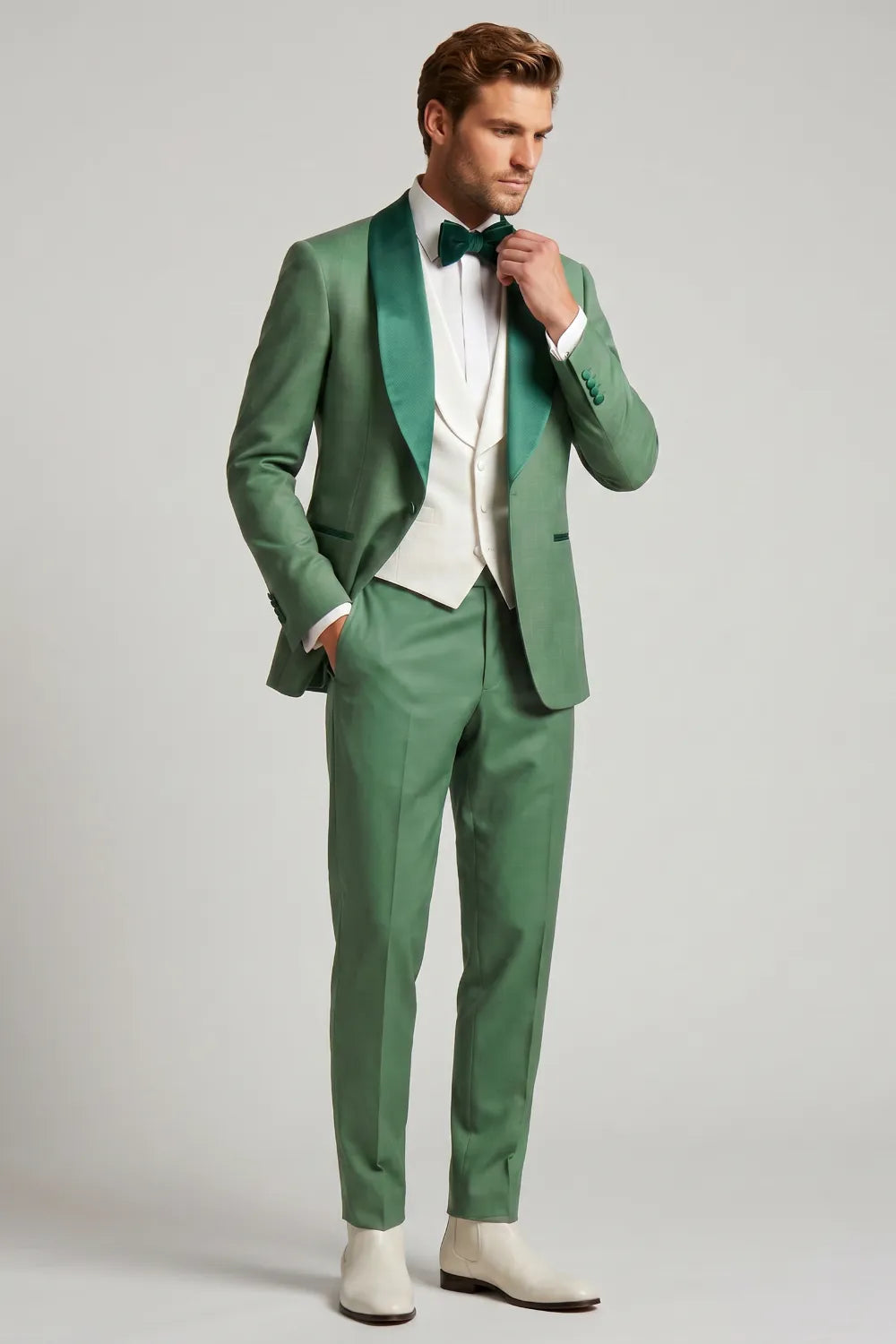 MANSSINO™ | Men's Green Linen Blend Shawl Lapel Suit
