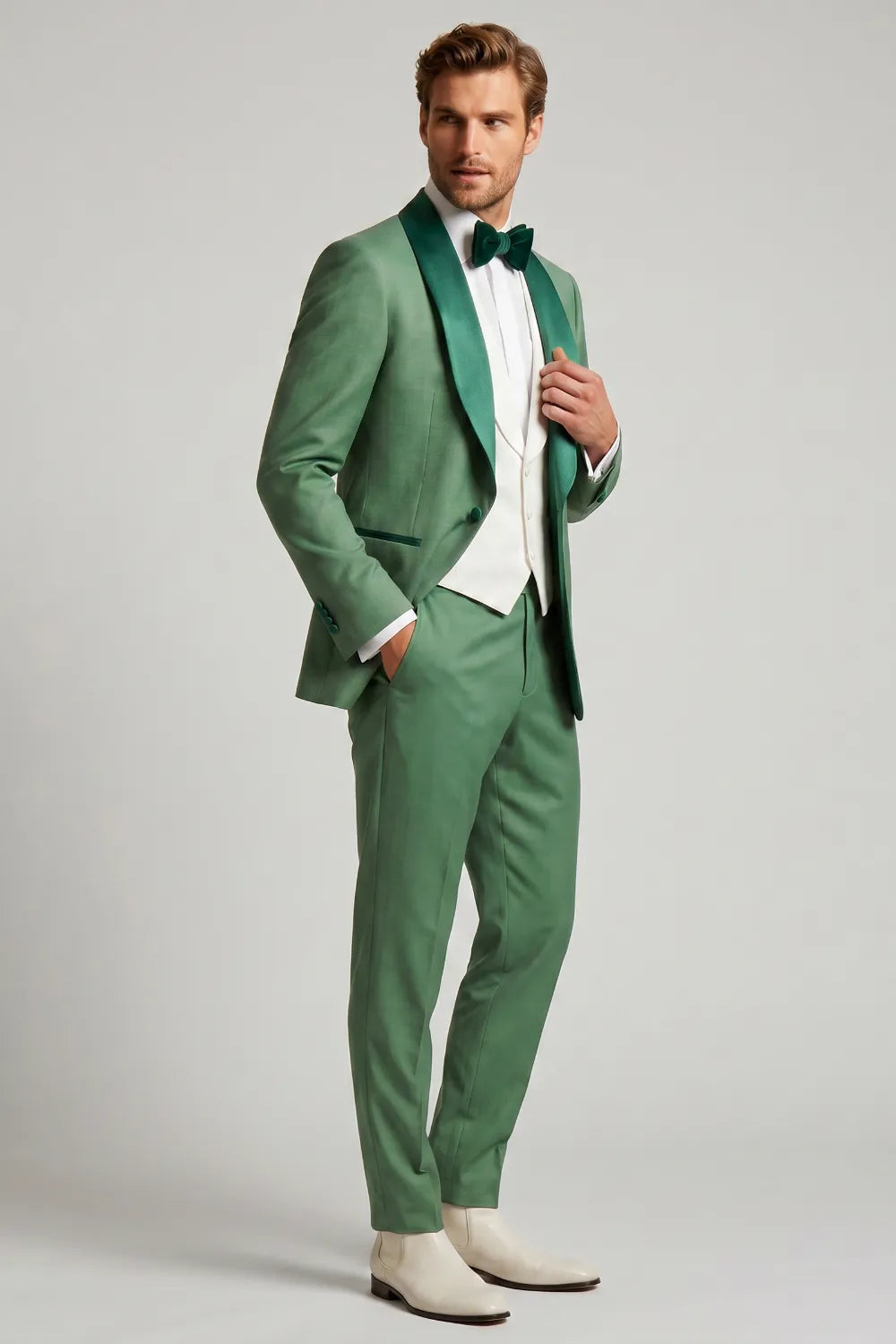 MANSSINO™ | Men's Green Linen Blend Shawl Lapel Suit
