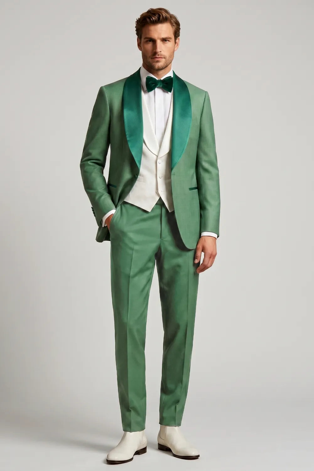 MANSSINO™ | Men's Green Linen Blend Shawl Lapel Suit
