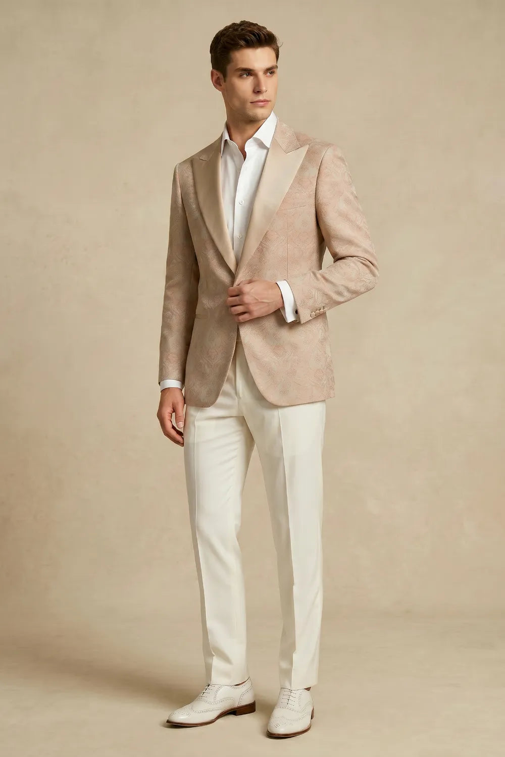 MANSSINO™ | Men's Champagne Jacquard Peak Lapel 2-Piece Suit
