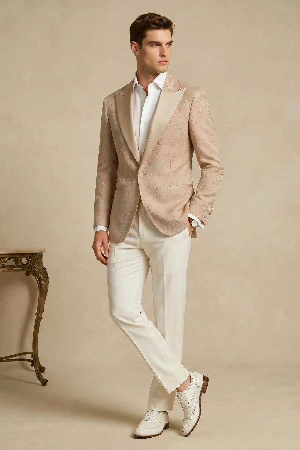 MANSSINO™ | Men's Champagne Jacquard Peak Lapel 2-Piece Suit