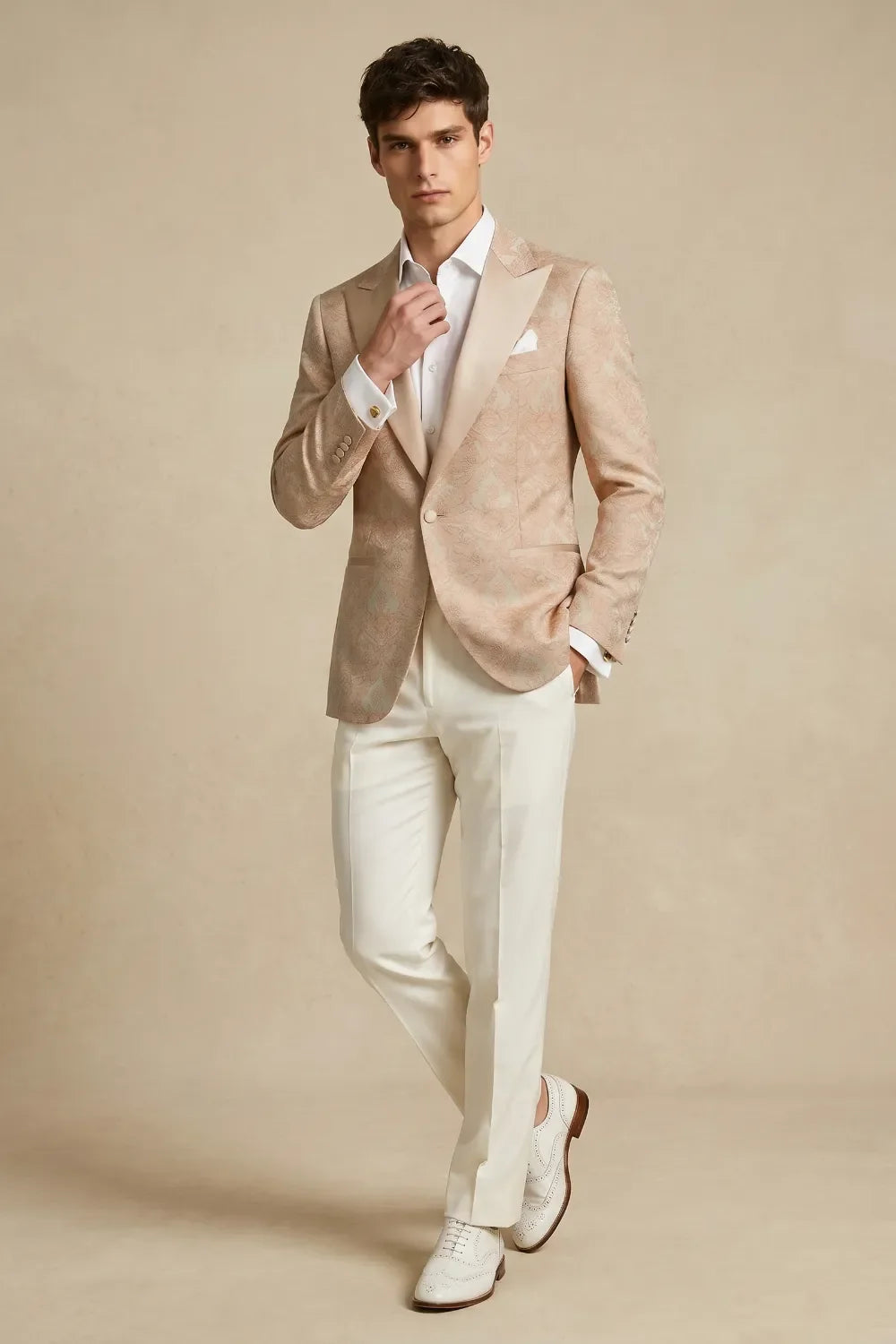 MANSSINO™ | Men's Champagne Jacquard Peak Lapel 2-Piece Suit
