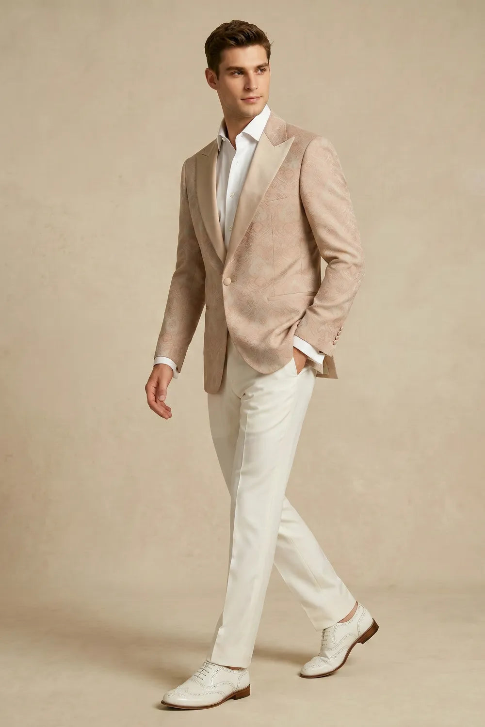 MANSSINO™ | Men's Champagne Jacquard Peak Lapel 2-Piece Suit