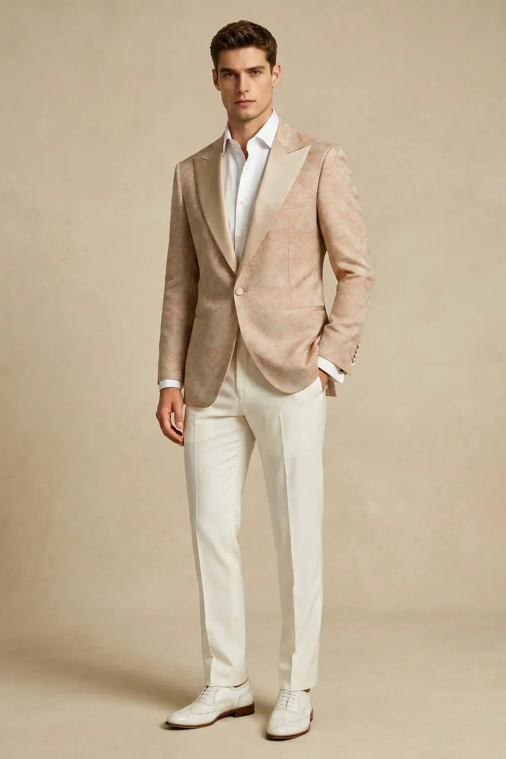 MANSSINO™ | Men's Champagne Jacquard Peak Lapel 2-Piece Suit