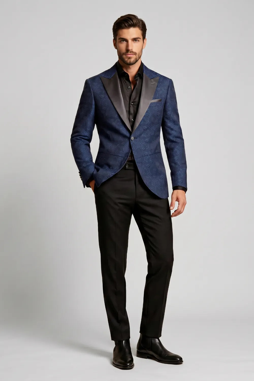 MANSSINO™ | Men's Navy Blue And Black Peak Lapel Tuxedo Suit