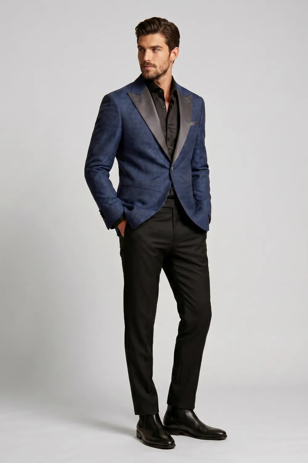 MANSSINO™ | Men's Navy Blue And Black Peak Lapel Tuxedo Suit