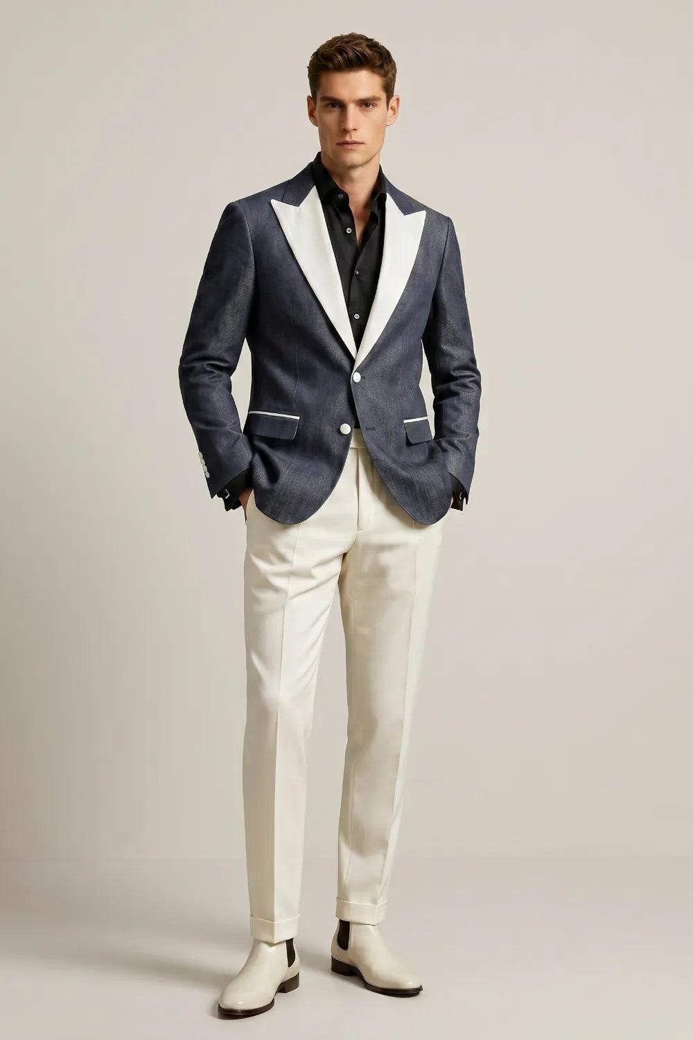 MANSSINO™ | Men's Slate Blue Linen Blend Peak Lapel 2-Piece Suit