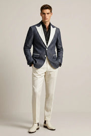 MANSSINO™ | Men's Slate Blue Linen Blend Peak Lapel 2-Piece Suit