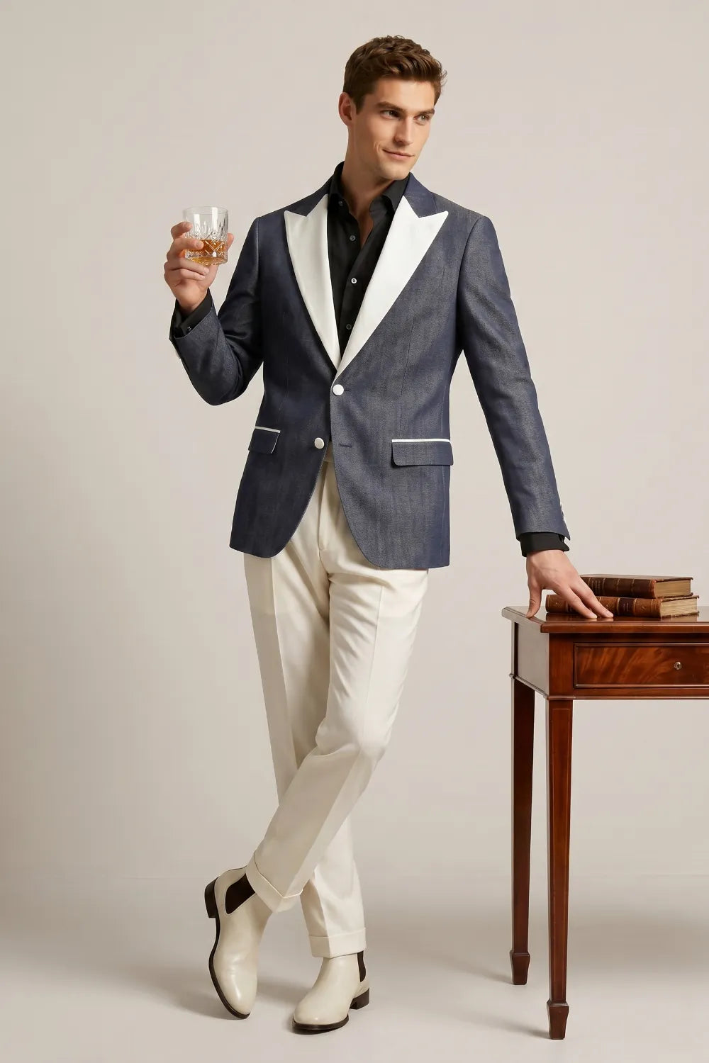 MANSSINO™ | Men's Slate Blue Linen Blend Peak Lapel 2-Piece Suit