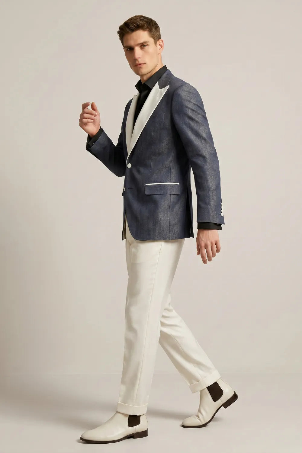 MANSSINO™ | Men's Slate Blue Linen Blend Peak Lapel 2-Piece Suit