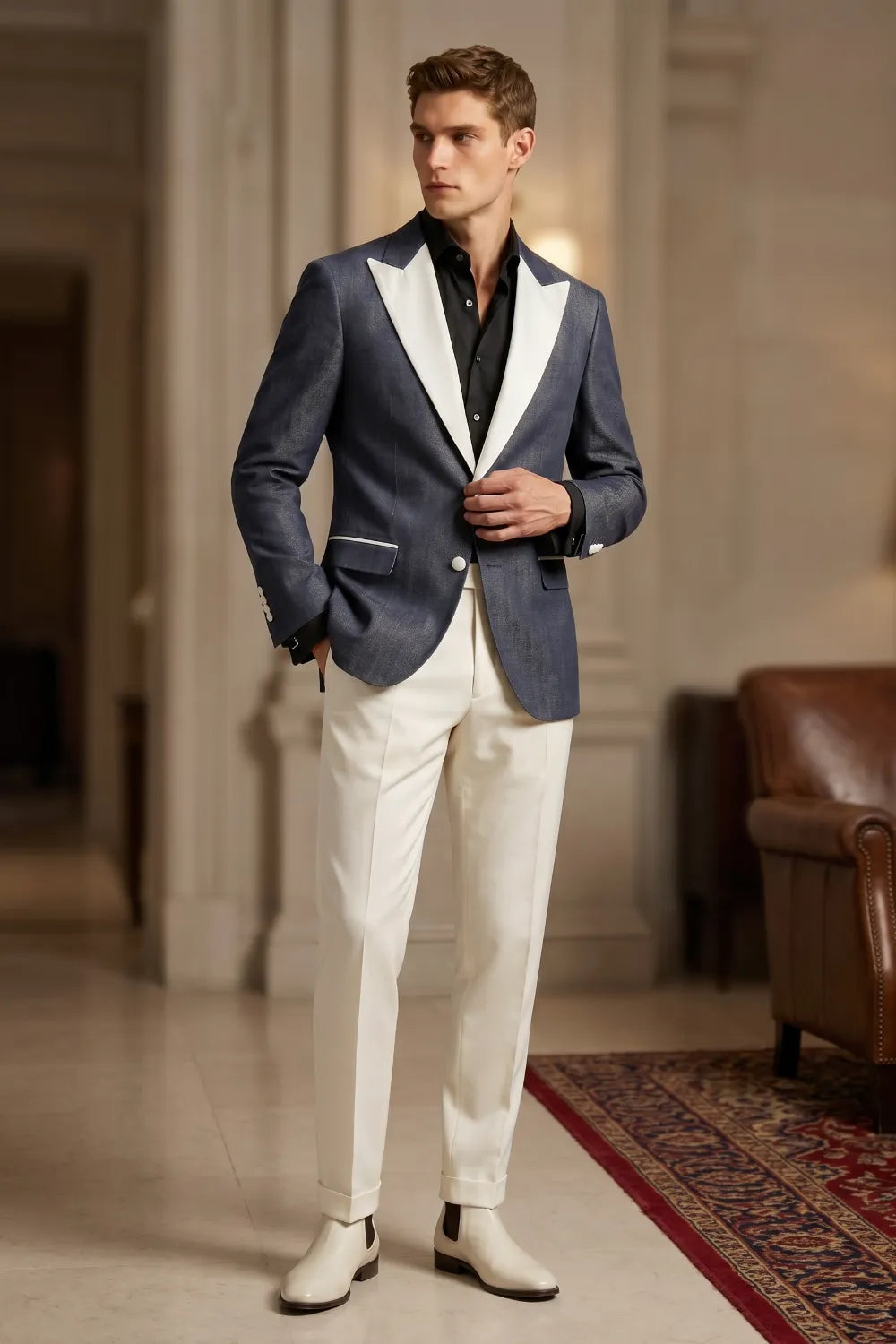 MANSSINO™ | Men's Slate Blue Linen Blend Peak Lapel 2-Piece Suit