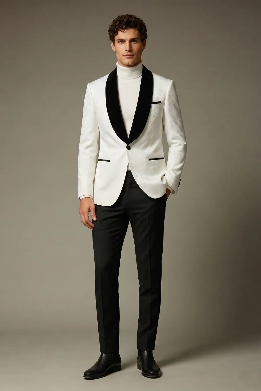 MANSSINO™ | Men's White Jacquard Contrast Shawl Lapel Formal 2-Piece Suit