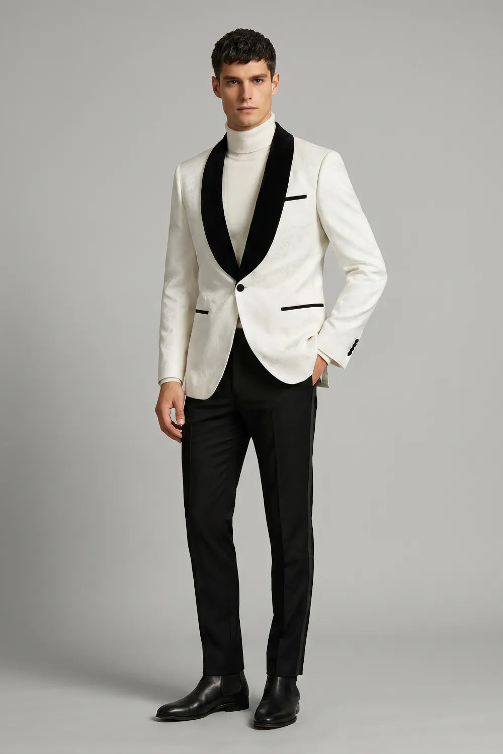 MANSSINO™ | Men's White Jacquard Contrast Shawl Lapel Formal 2-Piece Suit