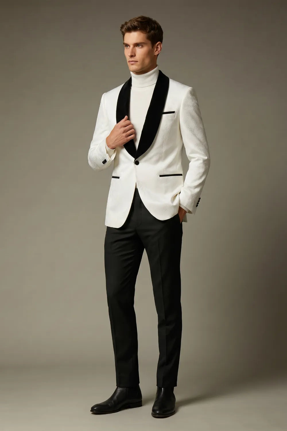 MANSSINO™ | Men's White Jacquard Contrast Shawl Lapel Formal 2-Piece Suit