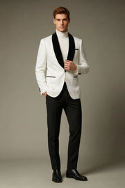 MANSSINO™ | Men's White Jacquard Contrast Shawl Lapel Formal 2-Piece Suit
