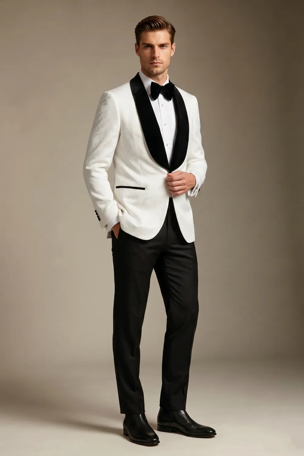 MANSSINO™ | Men's White Jacquard Shawl Lapel Slim Fit 2-Piece Tuxedo Suit