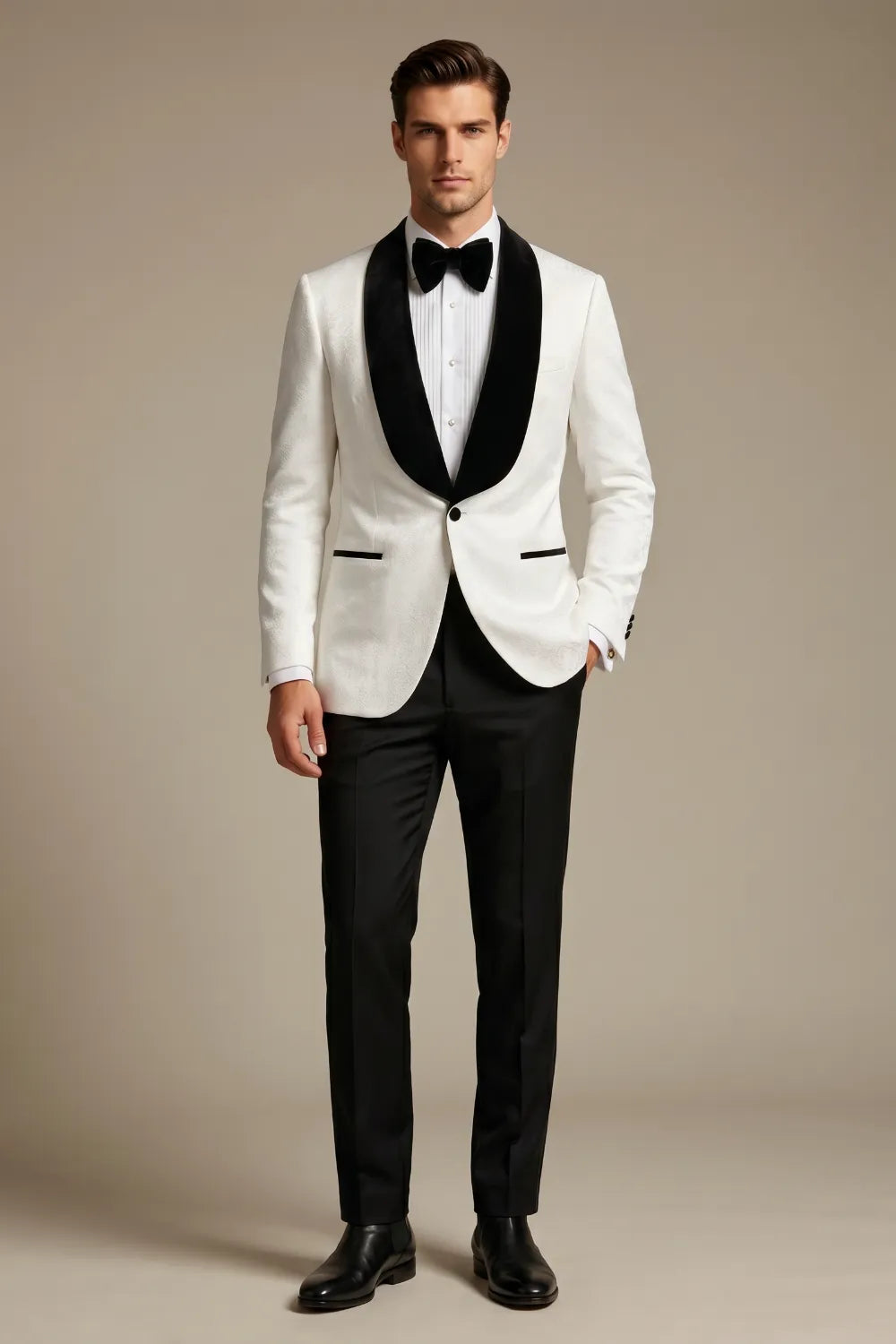 MANSSINO™ | Men's White Jacquard Shawl Lapel Slim Fit 2-Piece Tuxedo Suit