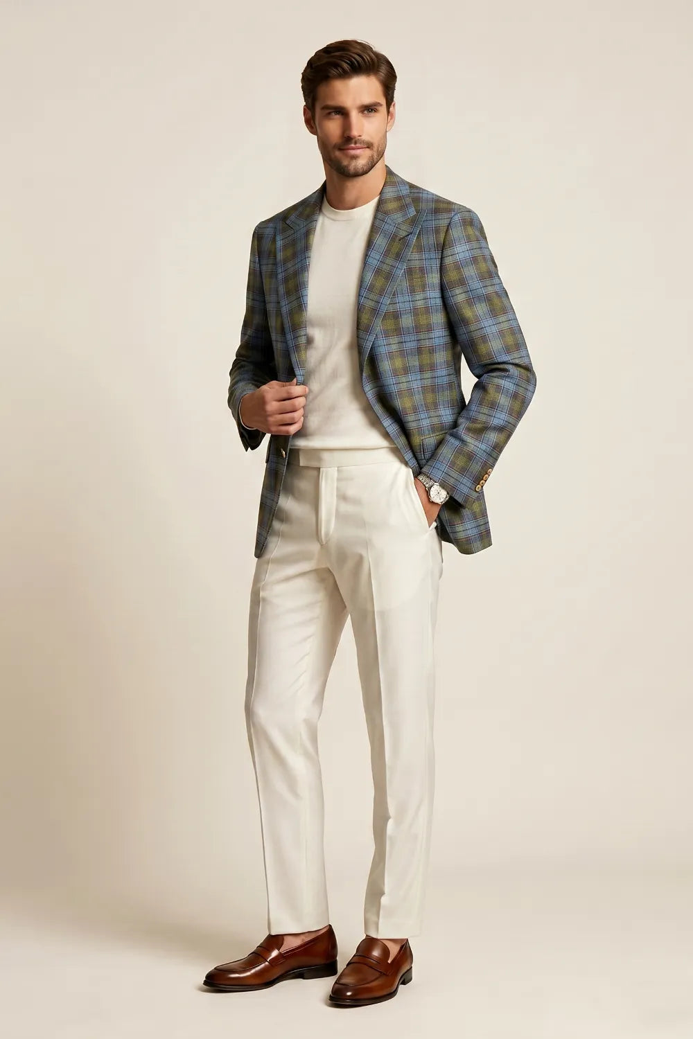 MANSSINO™ | Men's Blue Green Tartan Peak Lapel 2 Piece Suit