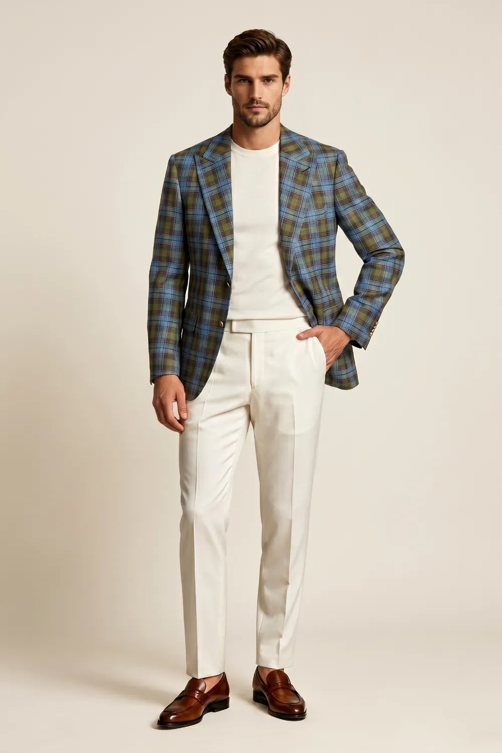 MANSSINO™ | Men's Blue Green Tartan Peak Lapel 2 Piece Suit