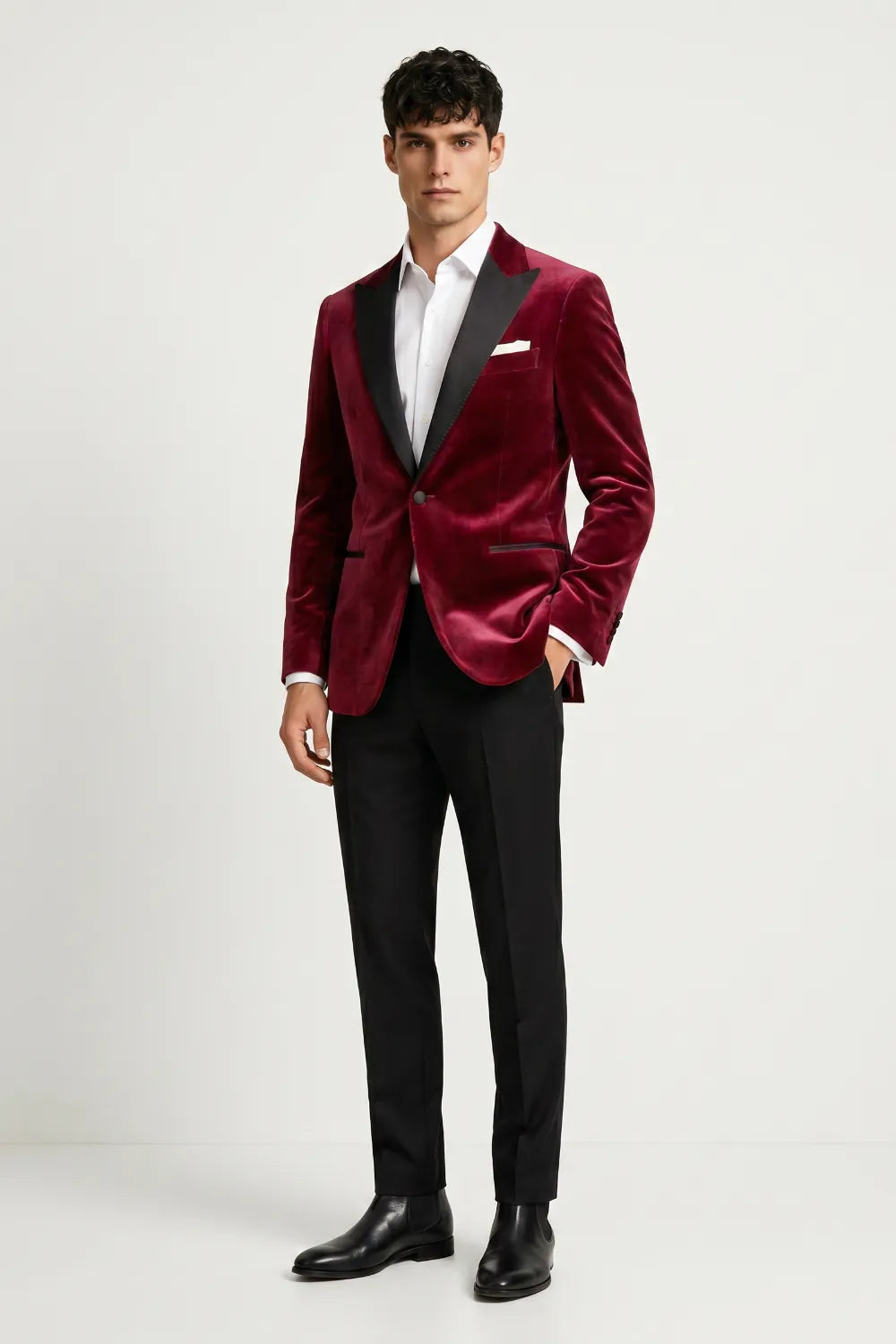 MANSSINO™ | Men's Burgundy Velvet Peak Lapel 2-Piece Tuxedo Suit