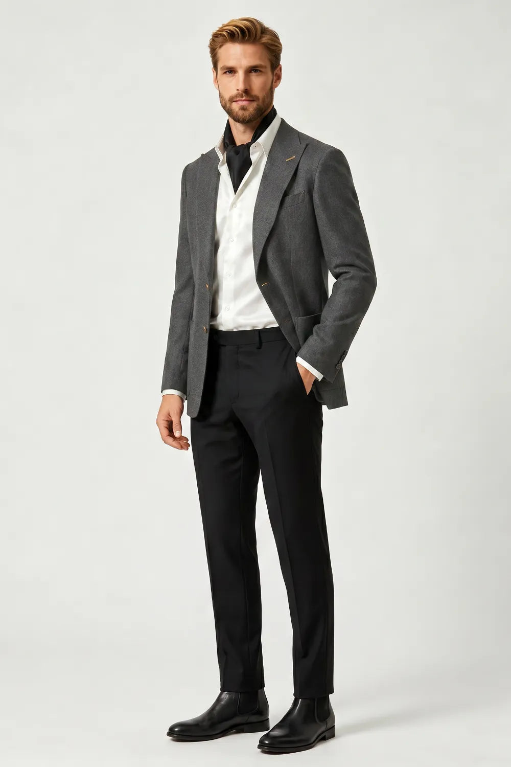 MANSSINO™ | Men's Charcoal Gray Textured Peak Lapel 2 Piece Suit