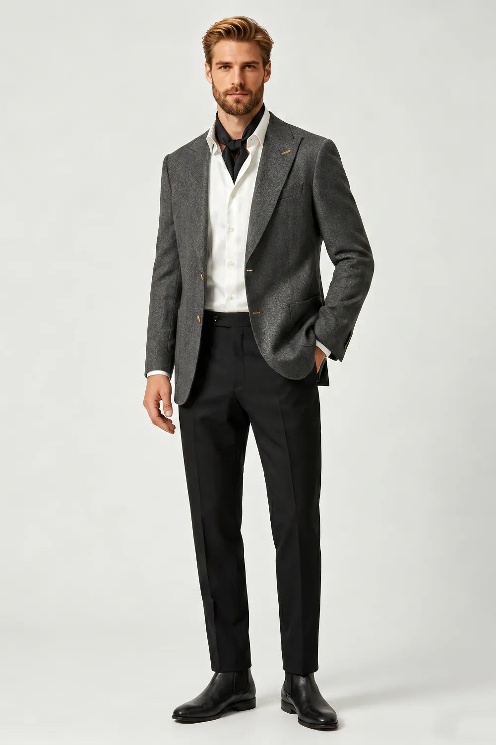 MANSSINO™ | Men's Charcoal Gray Textured Peak Lapel 2 Piece Suit