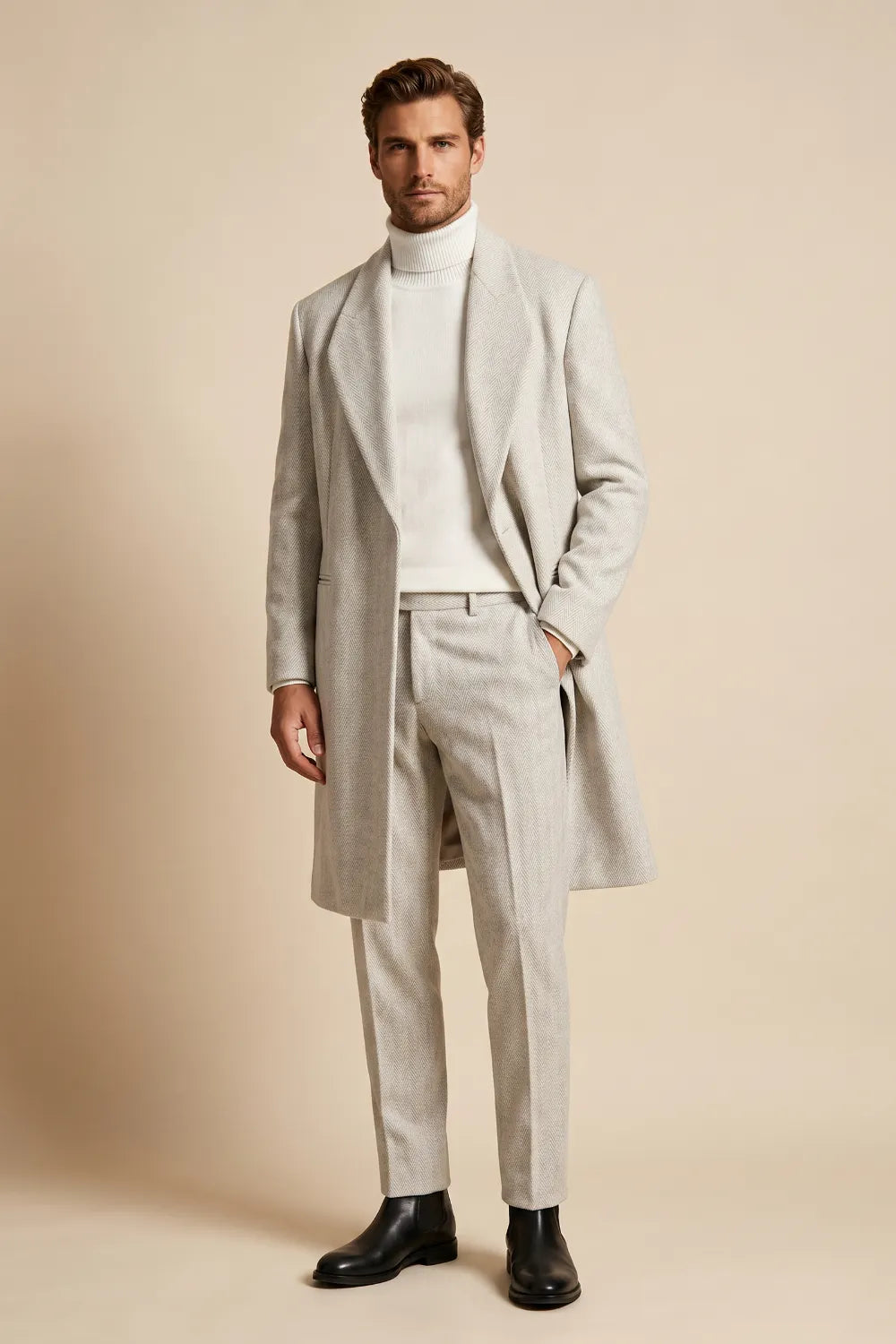 MANSSINO™ | Men's Light Grey Herringbone Wool Overcoat