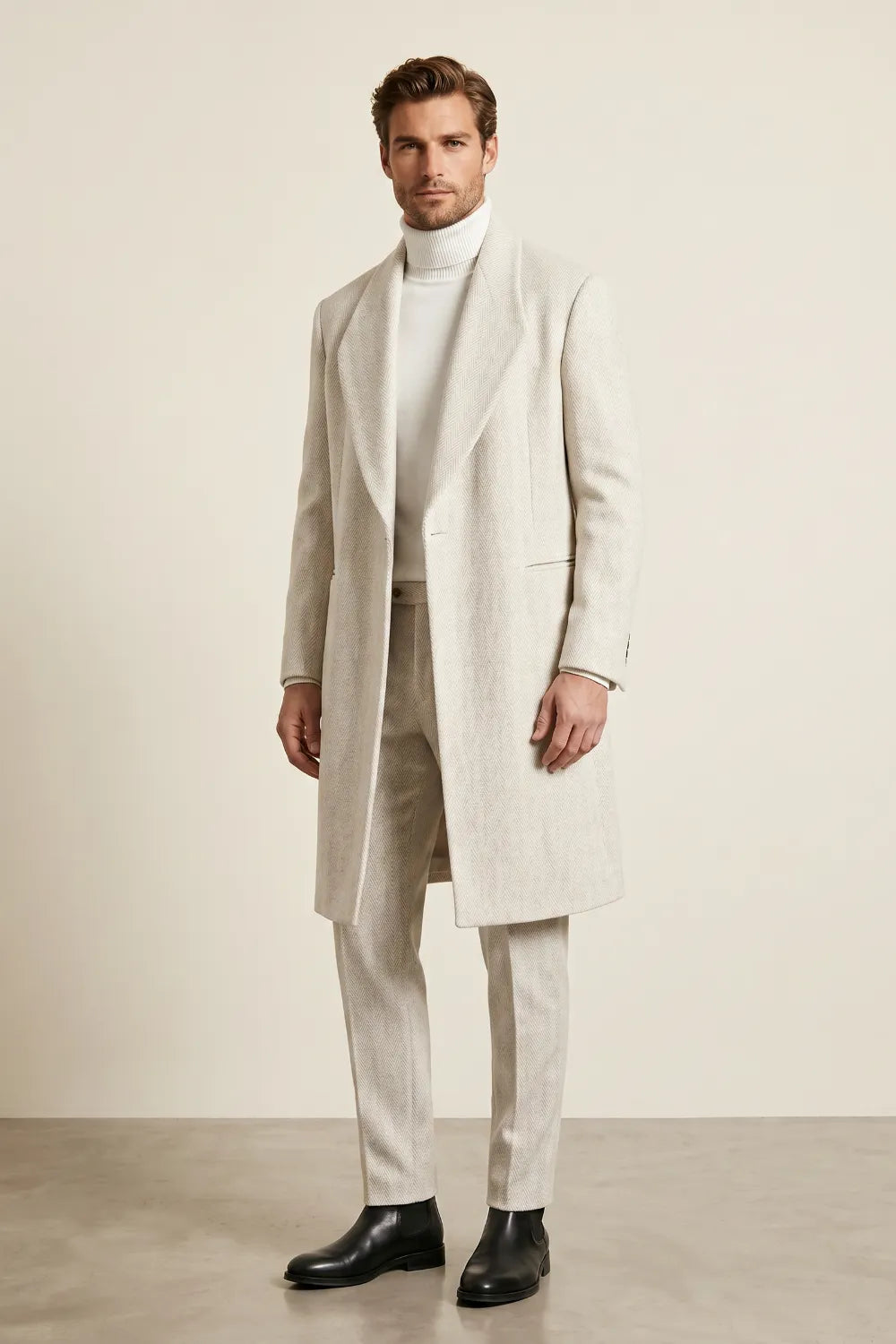MANSSINO™ | Men's Light Grey Herringbone Wool Overcoat