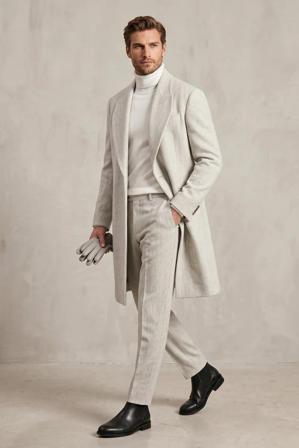 MANSSINO™ | Men's Light Grey Herringbone Wool Overcoat