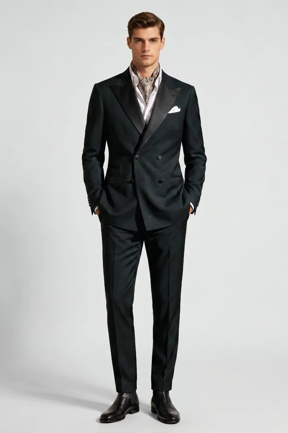 MANSSINO™ | Men's Dark Green Double-Breasted Peak-Lapel 2-Piece Tuxedo Suit