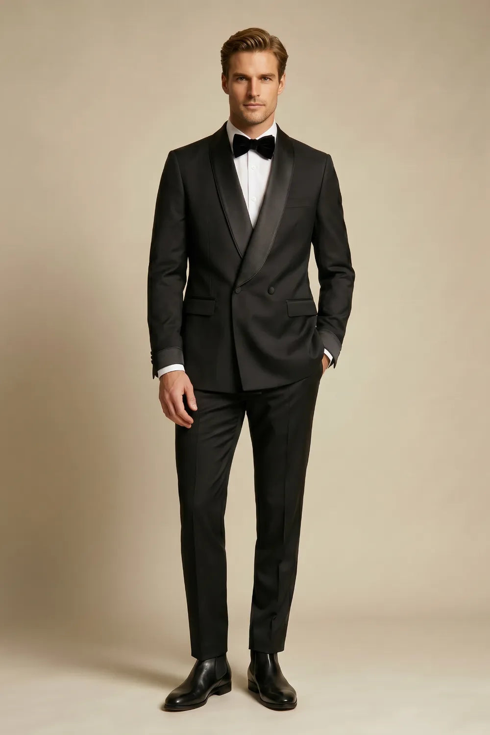MANSSINO™ | Men's Black Double-Breasted Shawl-Lapel 2-Piece Tuxedo
