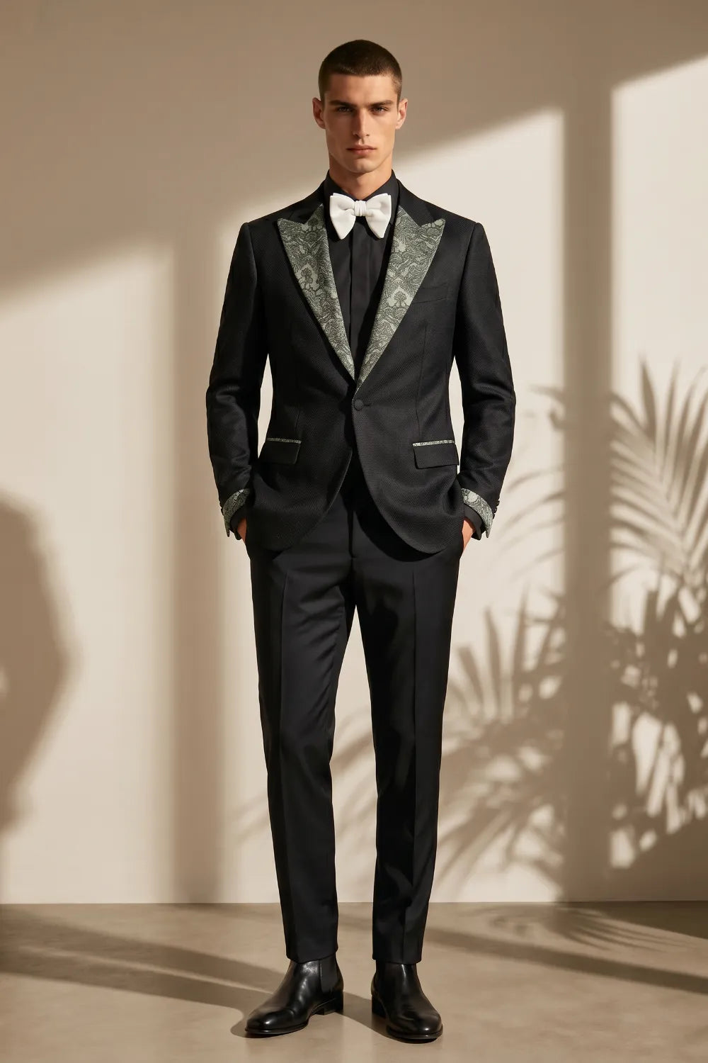 MANSSINO™ | Men's Black Jacquard Peak Lapel 2-Piece Formal Tuxedo Suit