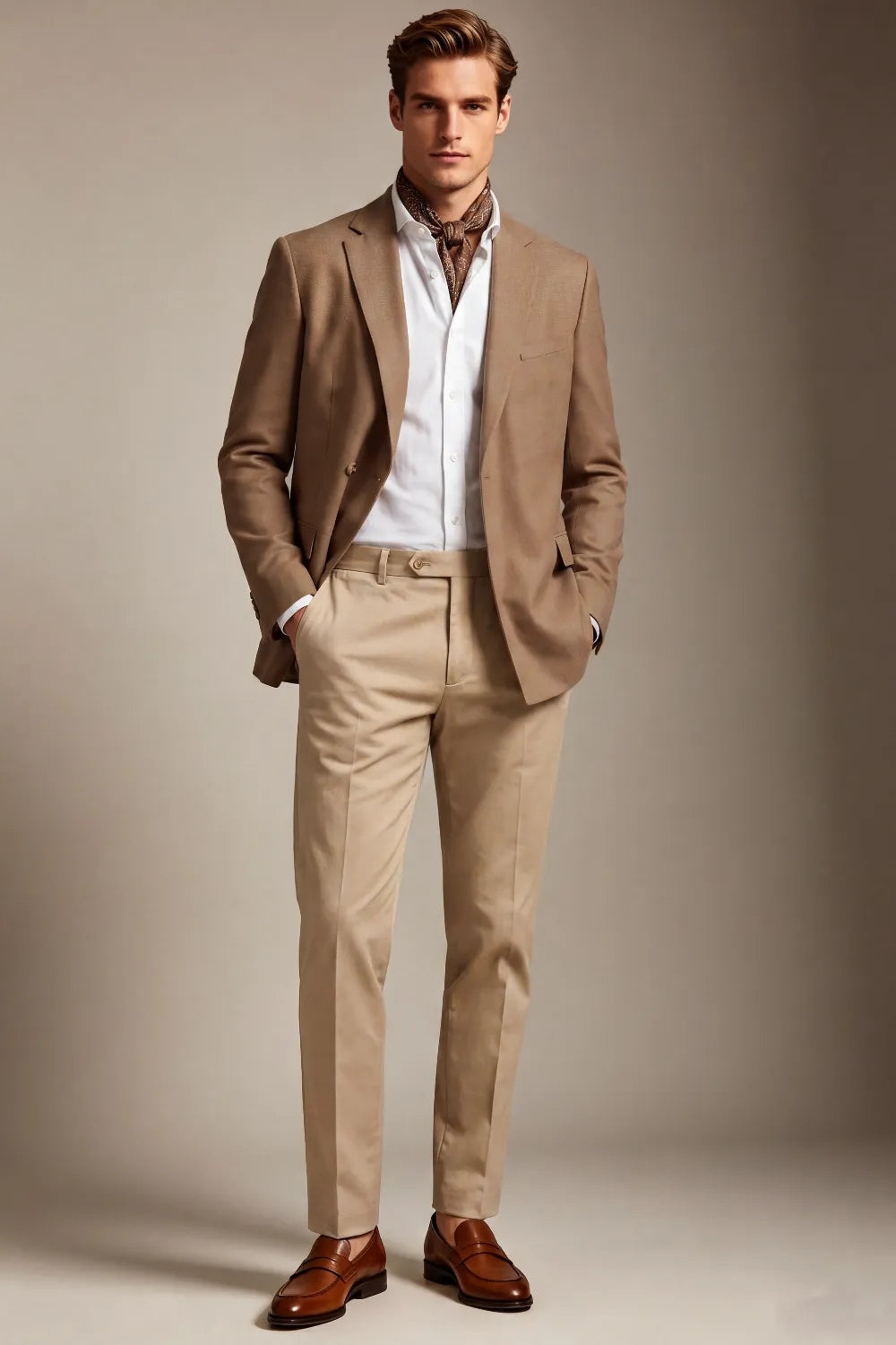 MANSSINO™ | Men's Camel Textured Single-Breasted 2-Piece Suit
