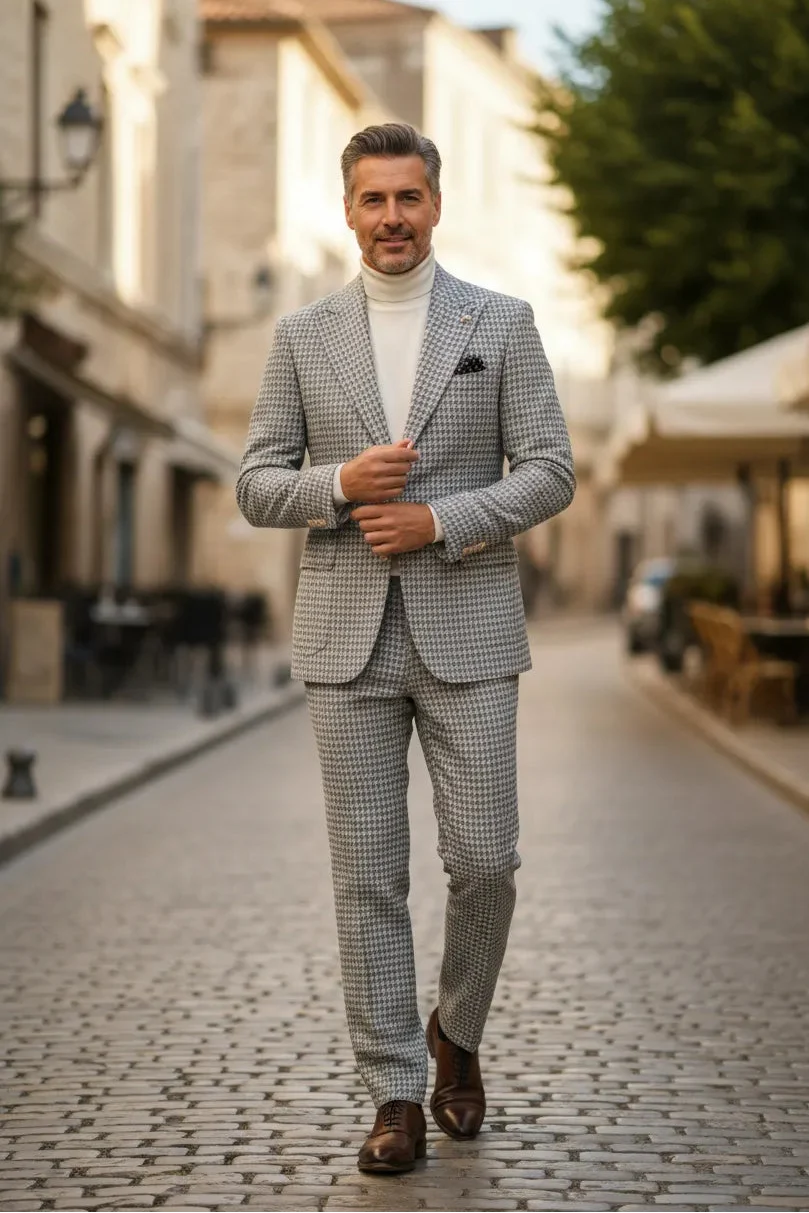 MANSSINO™ | Men's Classic Fit Houndstooth Tweed 2 Piece Suit