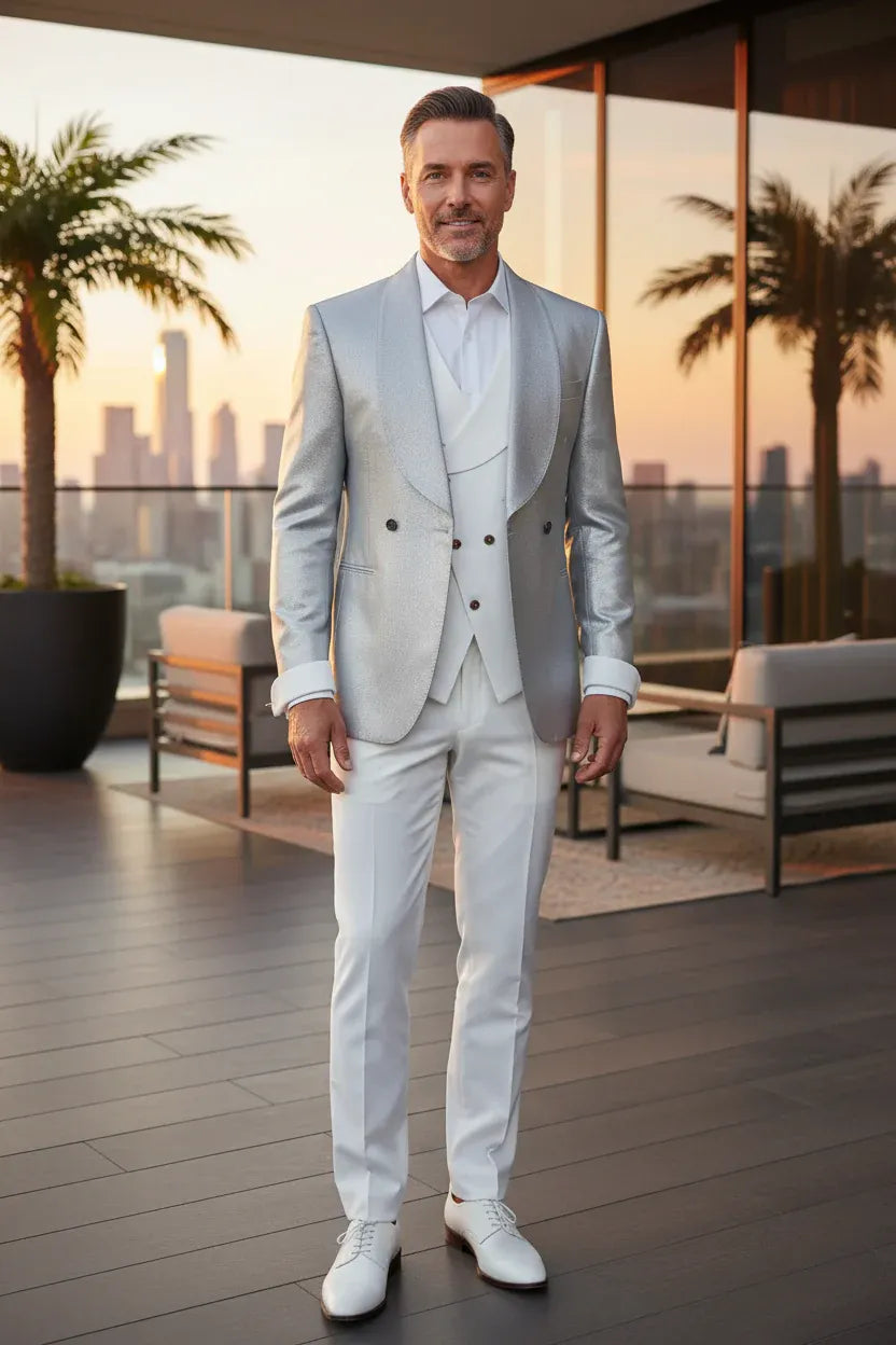 MANSSINO™ | Men's Grey Modern Double-Breasted 3-Piece Suit