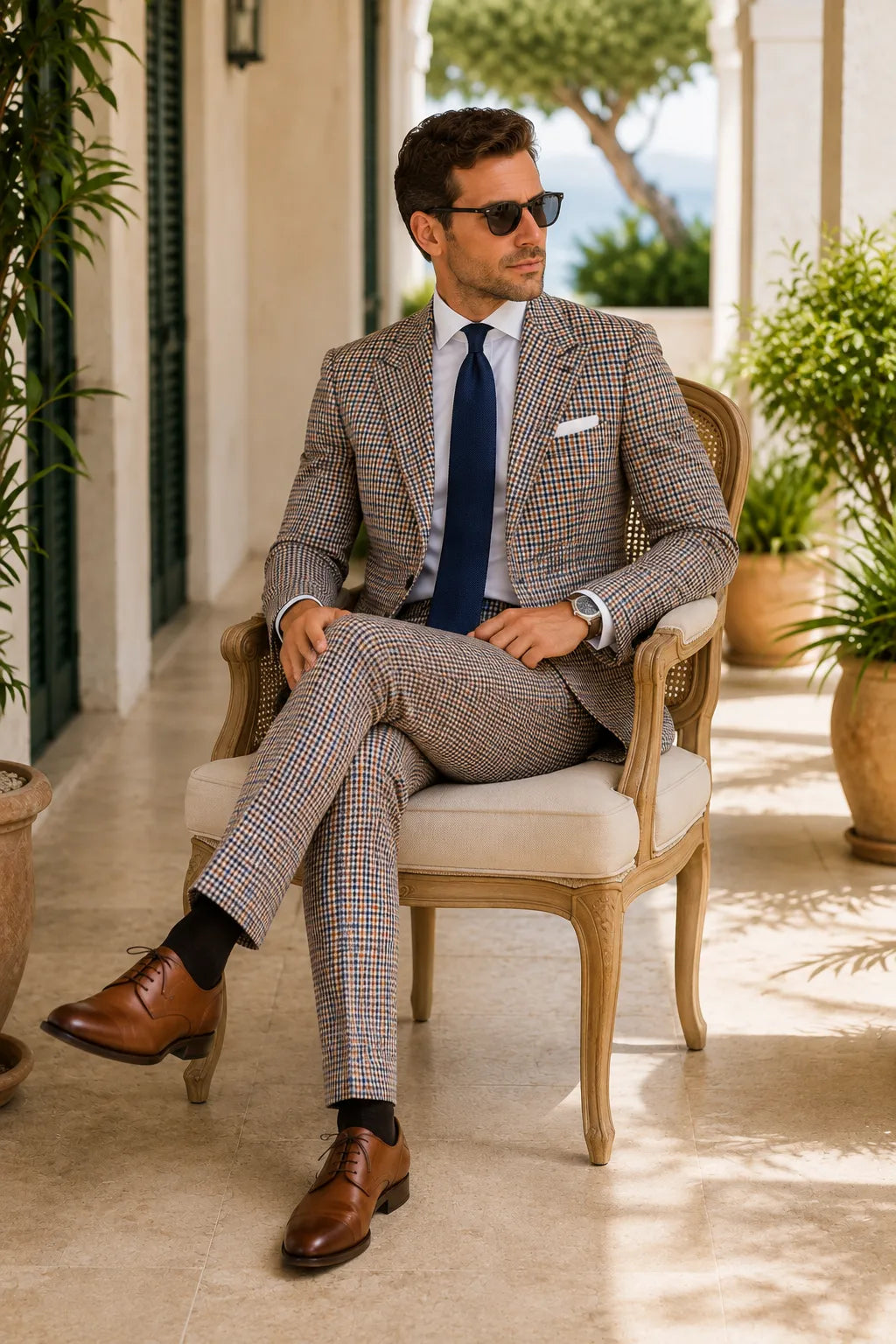 MANSSINO™ | Men's Grey Check Peak Lapel 2 Piece Suit