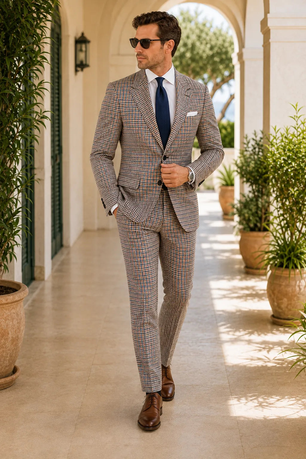 MANSSINO™ | Men's Grey Check Peak Lapel 2 Piece Suit