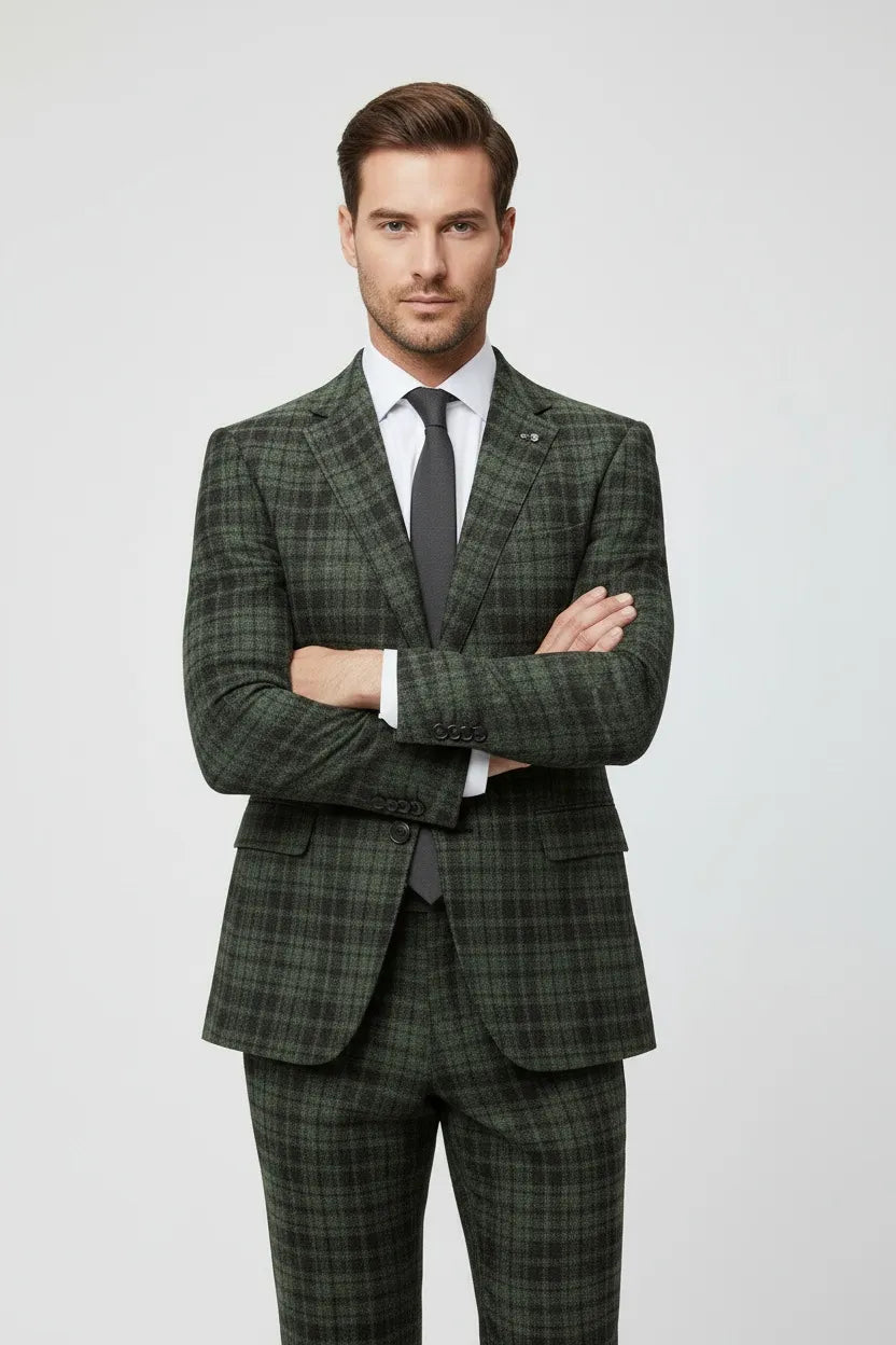 MANSSINO™ | Men's Green Plaid Tweed 2-Piece Suit