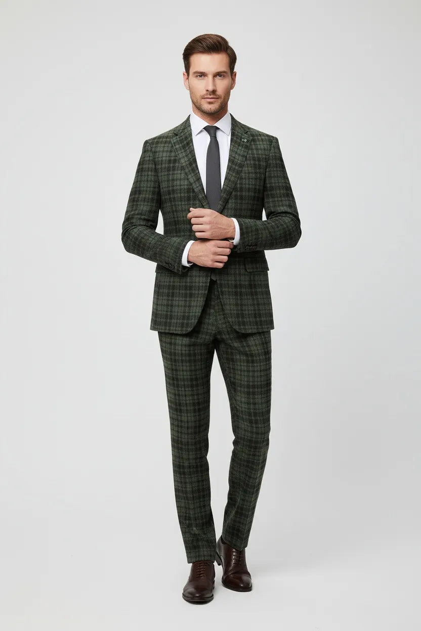 MANSSINO™ | Men's Green Plaid Tweed 2-Piece Suit
